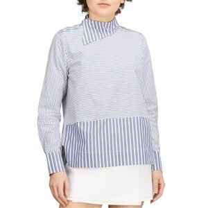 Ganni Asymmetrical Collar Striped Cotton Poplin Shirt Women's Sz EU 44 US 10/12